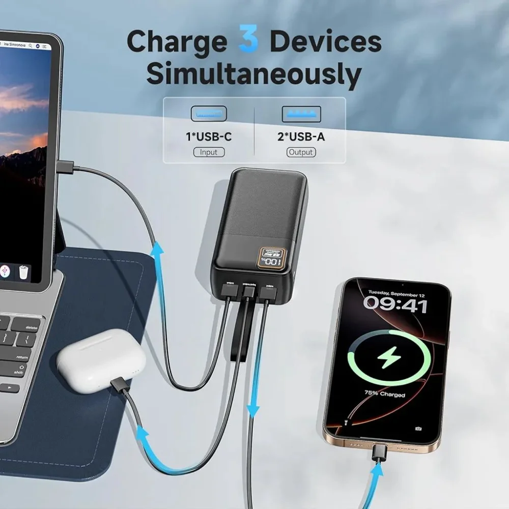 EnergyQC 42000mAh Portable Charger, 22.5W Power Bank with LED Flashlight - USB C